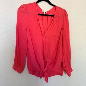 Joie Coral Pink 100% Silk Tie Front Button Down Blouse Puff Sleeve N11-24196 M